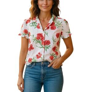 PajamaGram White Floral Ruffle Pajama Top